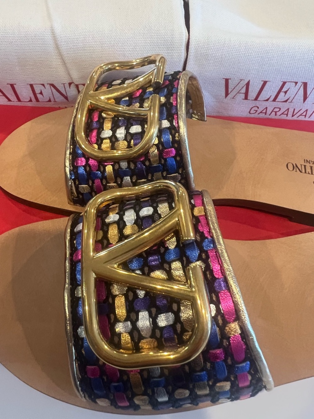 NEW NWT - Valentino Garavani Metallic Multicolor Woven Logo Slide Sandals